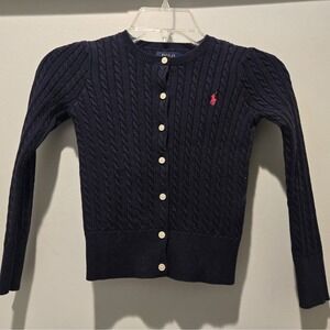 Ralph‎ Lauren Girls Button Up Cable Knit Sweater Size 6 navy blue with pink pony